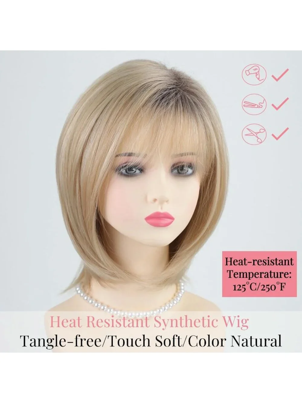 Women's Omber Blonde 12 Inch Mid Length Heat Synthetic Straight Layered Bob Wigs